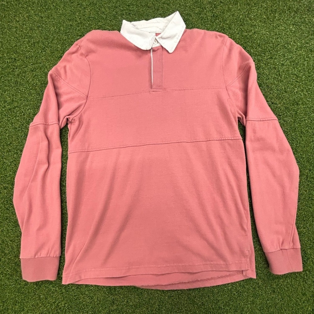 American Apparel Pink Long Sleeve Rugby Shirt White Collar Mens Medium